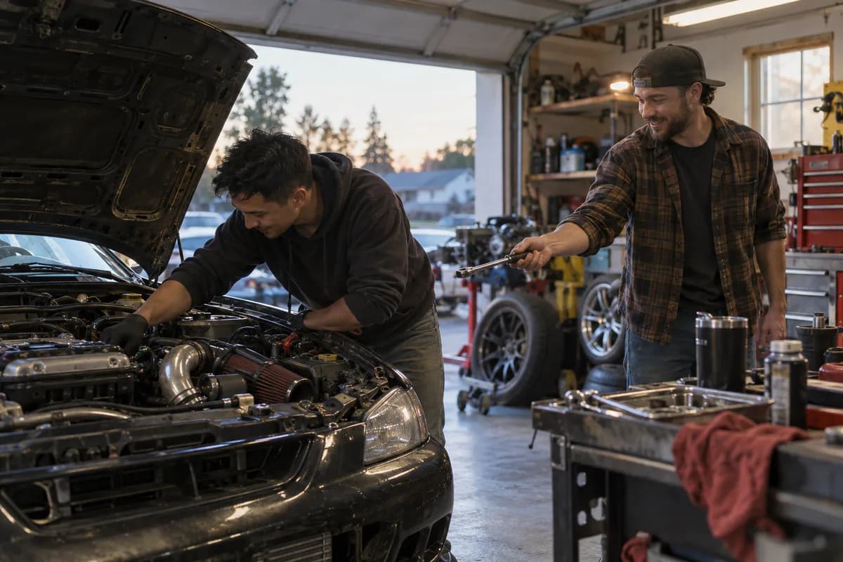 Friends working together on a project car in a home garage