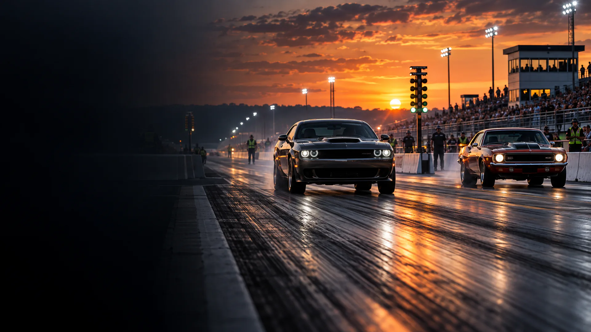 Grassroots drag racing at a sanctioned strip at sunset