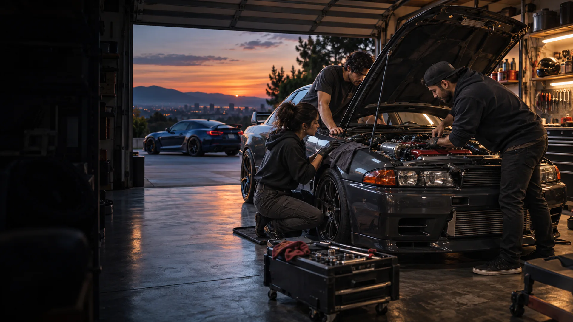 Friends building a project car together in a garage