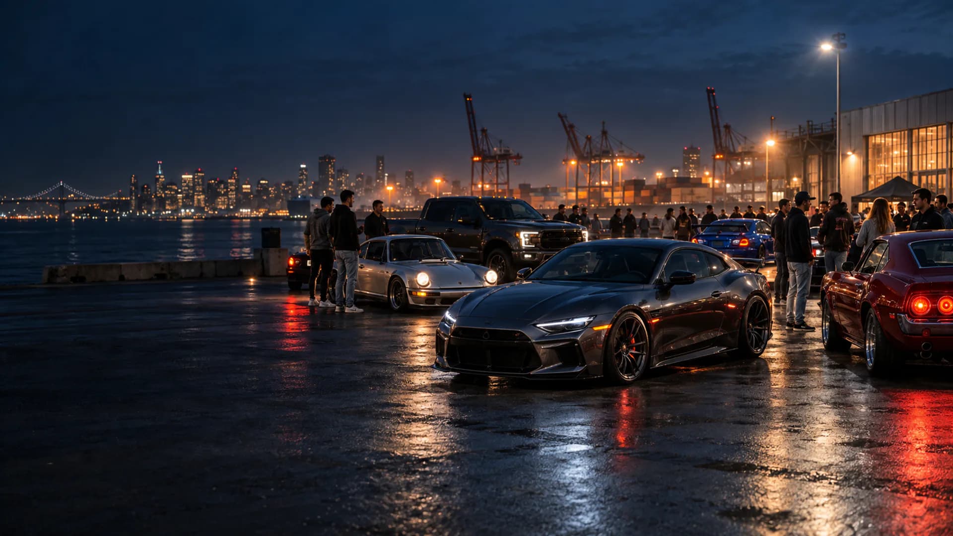 Enthusiast cars gathering at a waterfront night meet