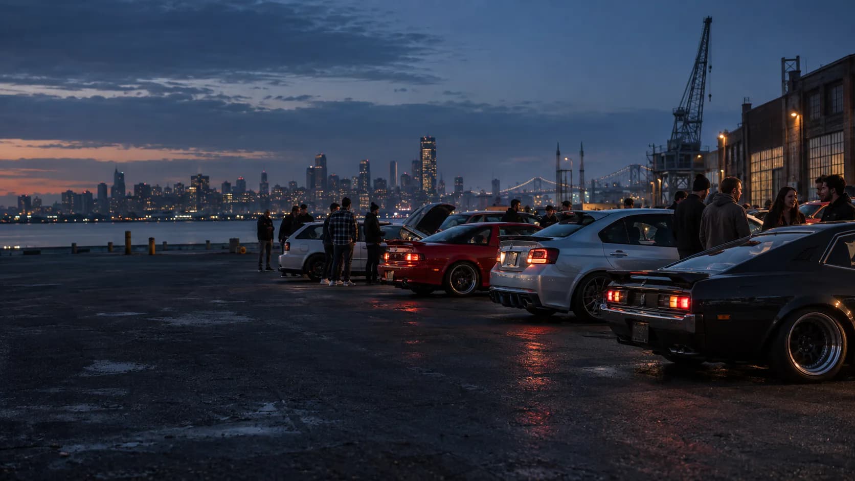 Car enthusiasts gathered at a waterfront meet